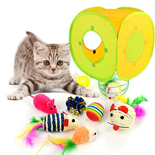 Tunnel Für Katzen Kleintierspielzeug Bunte Katze Spielzeug Pet Kit Faltbare Tunnel 4 Löcher Spielrohre Bälle Feder Mäuse Form Pet Kitten Cat Interactive Supplies @ Tent-9Pcs, L von Gulunmun