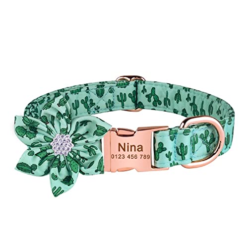 Verstellbares Hundehalsband aus Nylon mit Gravur Hundezubehör Druckblumen-Nylonhalsband Haustierprodukte Kleines, mittelgroßes Hundehalsband,grün-goldenes Etikett,S von Gulunmun