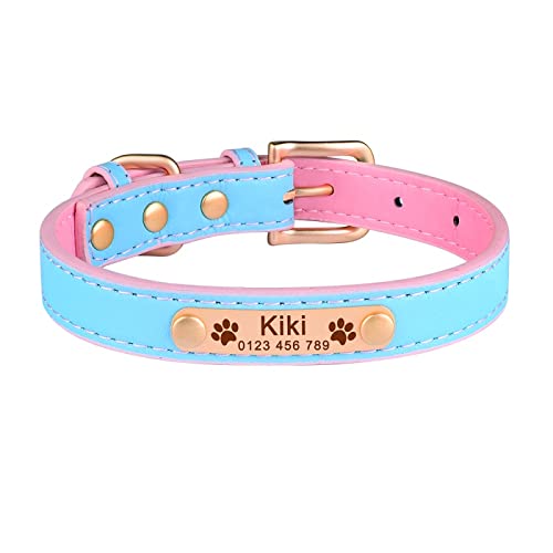 Verstellbares Hundehalsband aus weichem Leder, Unisex, personalisierbar, graviert, mit Namensschild, Hundehalsband, klein, groß, Hundehalsband, blau-goldenes Etikett, L von Gulunmun