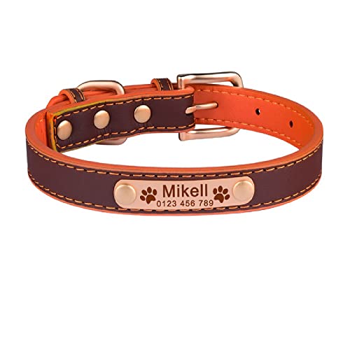 Verstellbares Leder Personalisiertes Hundehalsband Hundezubehör Individuelles Hundehalsband Graviert Unisex Kätzchen Puppy Small Pet Tag Katzenhalsband,braun-goldenes Tag,XS von Gulunmun