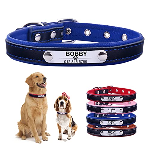 Verstellbares personalisiertes Hundehalsband aus Leder, Welpe, ID-Name, individuell graviert, XS-L,Blau,L 37-47cm von Gulunmun