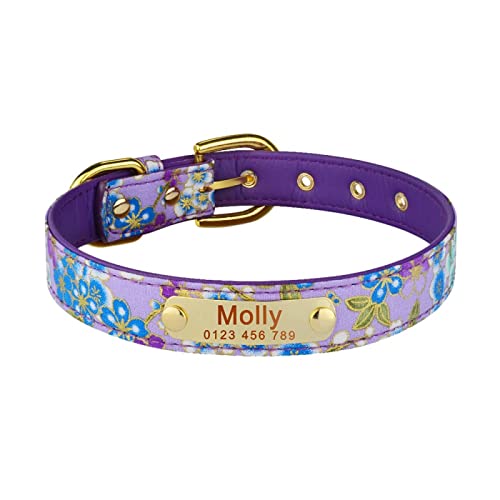 Verstellbares weiches Leder Unisex Hundehalsband Personalisiertes Graviertes Etikett Hundehalsband Benutzerdefinierter Name Welpe Kleiner Großer Hund Katze Halsband,Lila Blume,L von Gulunmun