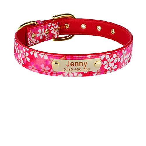 Verstellbares weiches Leder Unisex Hundehalsband personalisierte gravierte Katzenmarke ID Hundehalsband benutzerdefinierte Welpen kleine große Hundehalsband Tag,rosa Blume,L von Gulunmun