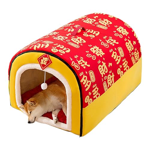 Hundehütte Zwinger Bett, Neujahr Themed Pet Nest, Faltbares Haustierhaus, Abnehmbares Kissen Haustierbett, 2-in-1 Hundehütte, Gemütlicher Winter-Haustierschutz, Tragbare Katzenhöhle, von Gungtj