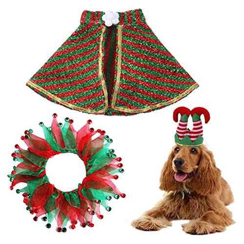 Gupcaqosjw Weihnachtskatzen-Outfit, 3-teiliges Hunde-Outfit, Katzenkostüm, Umhang, Verstellbarer Clownhut, süßer Kostümanzug mit Clownkragen, Verkleidungskostüme für Katzen und Hunde, Weihnachten von Gupcaqosjw