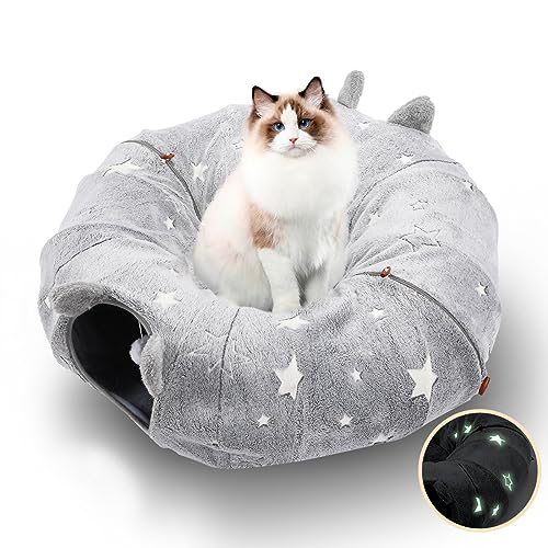 GUULUU Katzentunnelbett für Indoor-Katzen; Selbstleuchtendes Katzenbett mit zusammenklappbarem Donut-Tunnel und waschbarer Matte; Peekaboo Katzenhöhle mit Röhren und Tunneln, Bällen und Gucklöchern von Guuluu