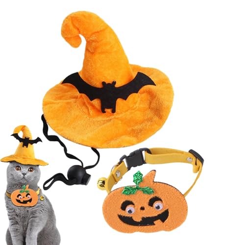 Gvblkq Katzen-Halloween-Kostüm – niedliches, lustiges Fledermaus-Hunde-Zauberer-Hut und Kürbis-Halsband, Kürbis-Halsband, niedliches Kätzchen-Outfit, -Kopfbedeckung für Katzen und Hunde von Gvblkq