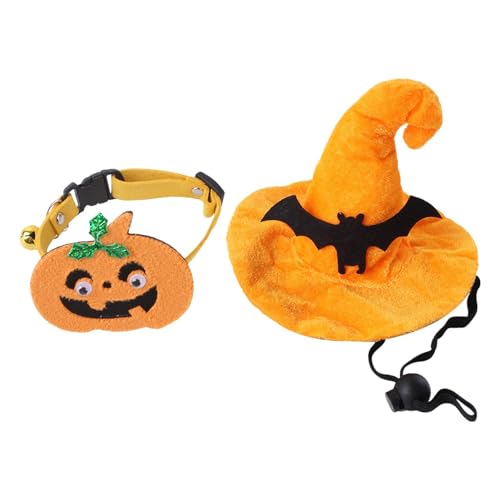 Gvblkq Katzenhalsband und Hut-Set | Halloween-Katzenkostüm Hexenhut Haustierzubehör | Kürbis-Haustier-Kleidungs-Set, Kürbishalsband, niedliches Kätzchen-Outfit, -Kopfbedeckung für Katzen und von Gvblkq