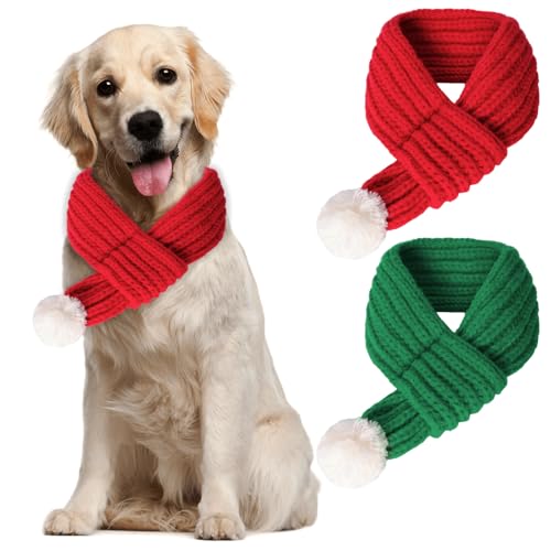 2 Stück Weihnachts-Schal für Hunde und Katzen, gestrickt, Weihnachtsmann-Schal, Winterurlaub, niedlicher Schal für Haustiere, rot-grün, Halswärmer, Hundehalstücher mit weißem Pompon, Ball, Party, von Gvhntk