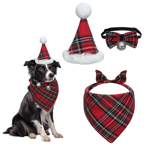 3-teiliges Weihnachts-Hundehalstuch, Hut, Fliege, Set, Weihnachten, Rot, kariert, Bandana, Schal für Hunde, Weihnachts-Outfit, Kostümzubehör für große Hunde und Haustiere von Gvhntk