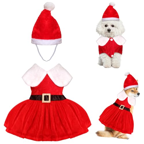 Weihnachtskostüme für Hunde, Weihnachtskleid, Weihnachtsmann-Hundekleid, Weihnachtsmütze, Winter, Thermorock, Urlaubskleidung, roter Samtrock und Mütze, Weihnachtsbekleidung für Hunde und Haustiere von Gvhntk