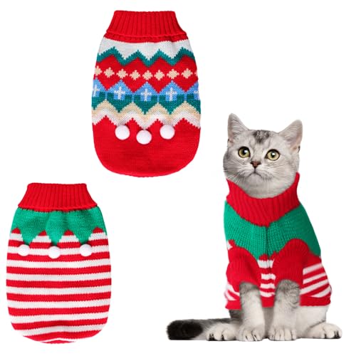 Weihnachtspullover für Welpen, Winter, Strickwaren, Weihnachtselfen-Kostüm, warme Kleidung für Katzen, Kätzchen, Welpen, 2 Stück von Gvhntk