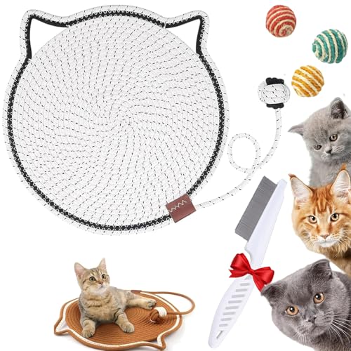 Clawloom Dual Scratching Pad, Clawloom Natural Cotton Rope Cat Scratch Pad/Cratcher/Mat with Ball Toy (White, L: 20inch) von Gyagalre