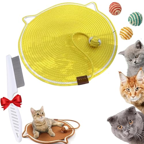 Clawloom Dual Scratching Pad, Clawloom Natural Cotton Rope Cat Scratch Pad/Cratcher/Mat with Ball Toy (Yellow, L: 20inch) von Gyagalre