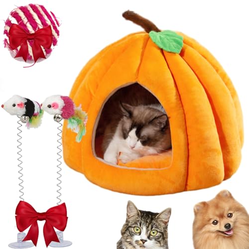 Kürbis-Katzenbett, Katzenbett für Indoor-Katzen, niedliches Halloween-Katzenbett, niedliches Kürbis-Stil, Katzenhöhlenbett, Katzenhaus (Orange, Größe S (38 x 38 x 32 cm) von Gyagalre