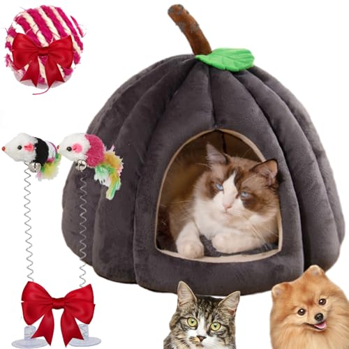 Kürbis-Katzenbett, Katzenbett für Indoor-Katzen, niedliches Halloween-Katzenbett, niedliches Kürbis-Stil, Katzenhöhlenbett, Katzenhaus (dunkelgrau, Größe S (38 x 38 x 32 cm) von Gyagalre