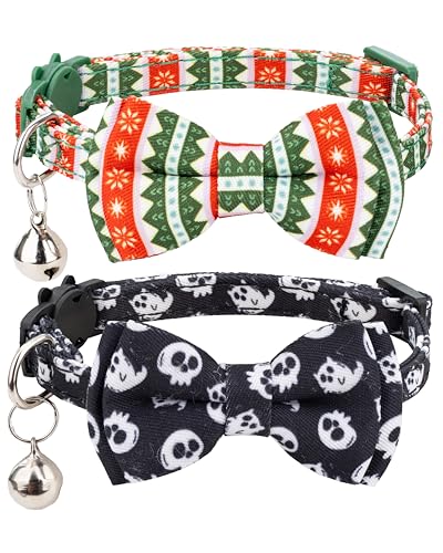 Gyapet Katzenhalsband, 2-teiliges Set mit Fliege, Glöckchen, Sicherheitsverschluss, Halloween, Thanksgiving, Weihnachten, Herbst, Kätzchen, Haustier, 2 Stück, Weihnachten und Halloween von Gyapet