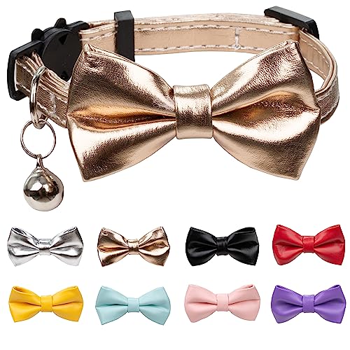 Gyapet Katzenhalsband mit abnehmbarer Schleife, Glocke, PU-Leder, weich, Party, Hochzeit, funkelnd, einfarbig, cooles Kätzchen, goldfarben von Gyapet