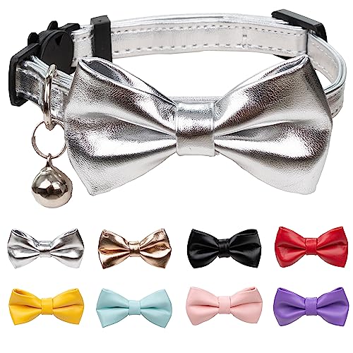 Gyapet Katzenhalsband mit abnehmbarer Schleife, Glocke, PU-Leder, weich, Party, Hochzeit, funkelnd, einfarbig, cooles Kätzchen, Silber von Gyapet