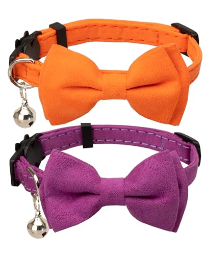 Gyapet Katzenhalsband, Sicherheitsschnalle, Glocke, Fliege, verstellbar, einfarbig, Hochzeit, 17,8–27,9 cm, Orange und Violett von Gyapet