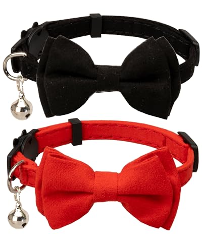 Gyapet Katzenhalsband, Sicherheitsverschluss, einfarbig, für Hochzeit, Party, Glocke, Fliege, verstellbar, 17,8–27,9 cm, Schwarz und Rot von Gyapet