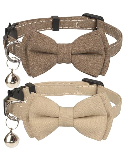 Gyapet Katzenhalsband, mit Fliege, verstellbar, für Kätzchen, Welpen, einfarbig, 2 Stück, Braun und Beige von Gyapet