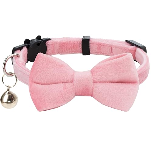 Gyapet Katzenhalsband, weicher Samt mit Fliege, Glöckchen, Sicherheitsverschluss, für Jungen, Mädchen, Kätzchen, einfache Farben, für Männer und Frauen, 1 Stück, Rosa von Gyapet