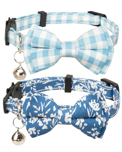 Gyapet Katzenhalsband-Set, 2-teilig, mit Fliege, Glocke, Basic, Katze, Kätzchen, kariert, floraler Frühling, 2 Stück, Blau von Gyapet