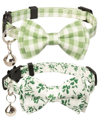 Gyapet Katzenhalsband-Set, 2-teilig, mit Fliege, Glocke, Basic, Katze, Kätzchen, kariert, floraler Frühling, 2 Stück, Grün von Gyapet