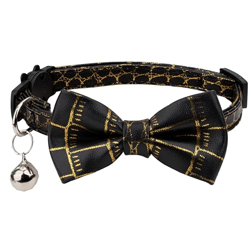 Gyapet Katzenhalsband aus PU-Leder mit Fliege, abnehmbarer Glöckchen, Sicherheitsverschluss, Goldstempelmuster, Schwarz von Gyapet