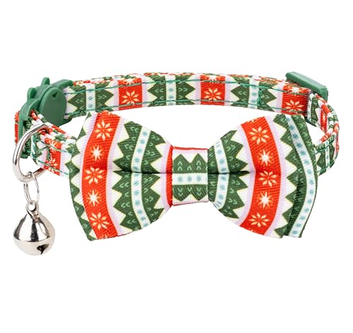 Gyapet Katzenhalsband für Weihnachten, mit Fliege, Glöckchen, Sicherheitsverschluss, 17,8–27,9 cm, gepunktet, bunt, verstellbar, Weihnachtsbäume von Gyapet