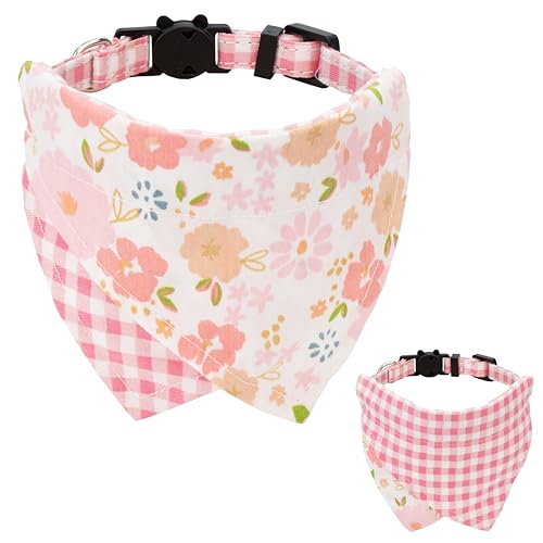 Gyapet Katzenhalsband mit Bandana, abnehmbarer Krawatte, zweiseitig, Blumenmuster, kariert, Glocke, Sicherheit, 17,8–27,9 cm, Rosa von Gyapet