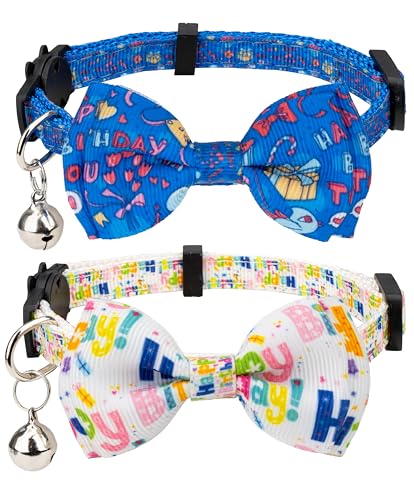 Gyapet Katzenhalsband mit Fliege, Happy Birthday-Kuchenmuster, Glocken-Sicherheitsverschluss, 17,8–27,9 cm, 2 Stück, Farbe A von Gyapet