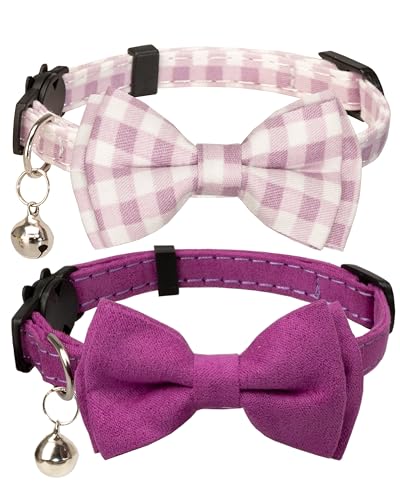 Gyapet Katzenhalsband mit Glöckchen, Fliege für Jungen und Mädchen, Kätzchen, Sicherheitsverschluss, kariert, einfarbig, Geschenk-Set, niedlich, festlich, 2 Stück, Violett von Gyapet