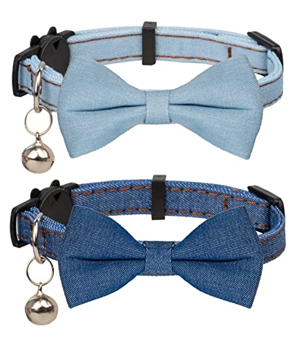 Gyapet Katzenhalsband mit großer Fliege, Glöckchen, Sicherheitsverschluss, blaue Denim-Jeans, Basic, solide, Kätzchen, Welpen, 2-teiliges Set von Gyapet