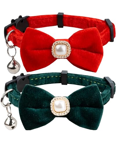 Gyapet Weihnachtliches Katzenhalsband mit Fliege, Kunstperlen, Samt, einfarbig, Glöckchen, Sicherheitsverschluss, Kätzchen, Haustier, festliches Geschenk, Rot und Grün, 2 Stück von Gyapet