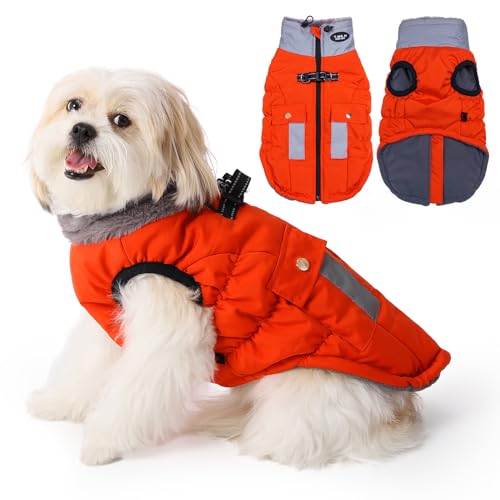 Gyuzh Hundemantel Jacke Weste Kleidung Hundegeschirr Mantel Verstellbare Reflektierende Hundejacken mit Taschen und Kunstpelzkragen Winter wasserdichte Hundemäntel für kleine, mittelgroße und große von Gyuzh