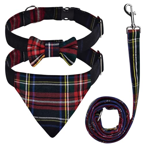 Hundehalsband und Leine, Schottenkaro, Fliege und Halstuch, Hundeleine, verhedderungsfrei, verstellbare Halsbänder, traditionelle Hundeleine zum Gehen und Trainieren, Schwarz von H HIGHLAND REDSTONE