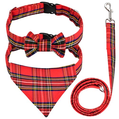 Hundehalsband und Leine, Set mit Fliege und Halstuch, schottisches Schottenkaro, Hundeleine, verhedderungsfrei, verstellbare Halsbänder, traditionelle Hundeleine zum Spazierengehen und Trainieren von H HIGHLAND REDSTONE