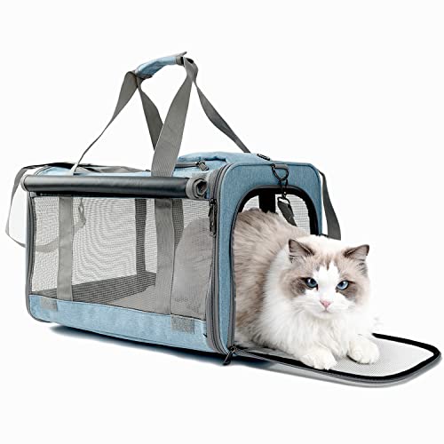 H.S.C PET Tragetasche für große Katzen, weich, für Welpen, 5 belüftete Netzfenster, mit Tasche, 9 kg Welpen/10,4 kg Katzen oder Kätzchen (groß, hellblau) von H.S.C PET PRODUCE