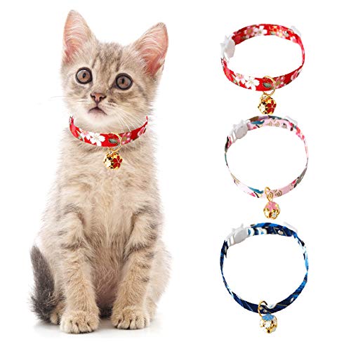 HACRAHO Breakaway Katzenhalsband, 3 Stück verstellbare Katzenhalsbänder im japanischen Stil, Katzenhalsband mit hohler Blumenglocke für Kätzchen, Welpen, Haustiere, rot, rosa, blau von HACRAHO