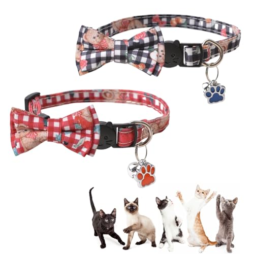 HACRAHO Breakaway Katzenhalsband mit Glöckchen, 2 Stück, leuchtet im Dunkeln, Katzenhalsband mit Glöckchen, verstellbare Fliege, Katzenhalsband mit Glocke und Pfotenmarke für kleine Katzen und Hunde von HACRAHO