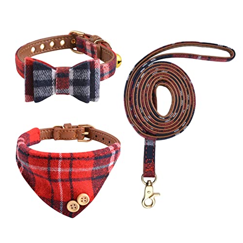 HACRAHO Fliege Hundehalsband mit Leine Set, 3 PCS verstellbare Welpenhalsbänder Bandana mit Bell Plaid Red Bandana Hundehalsband für kleine Hunde, Welpen und Katzen im Freien von HACRAHO