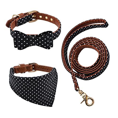 HACRAHO Fliege Hundehalsband mit Leine Set, 3 Stück Verstellbare Welpenhalsbänder Bandana Verstellbares Leder Haustier Bandana Leine Fliege Halsband für kleine bis mittelgroße Hunde von HACRAHO