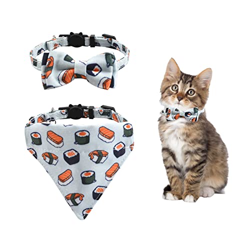 HACRAHO Fliege Katzenhalsband Bandana, 2 Stück, verstellbare Fliege, Katzenhalsbandana mit Glöckchen, Breakaway Katzenhalsband mit Glocke, Zubehör für Haustiere und Katzen, Sushi-Muster von HACRAHO