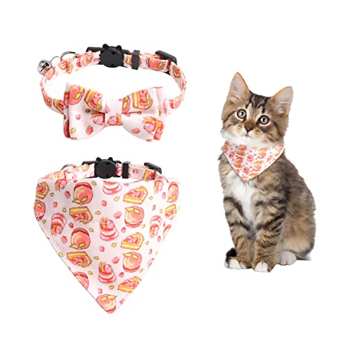 HACRAHO Fliege Katzenhalsband Bandana, 2 Stück Breakaway Katzenhalsband mit Fliege und Glocke, abnehmbare Fliege Bandana Halsband mit Glocke, Zubehör für Haustiere Katzen, Pfirsich-Kuchen-Muster von HACRAHO