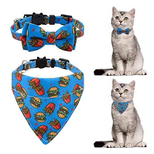 HACRAHO Fliege Katzenhalsband Bandana, 2 Stück Verstellbares Breakaway Katzenhalsband mit Fliege und Glocke Abnehmbare Fliege Bandana für Kätzchen und Welpen, Hamburger Pommes von HACRAHO