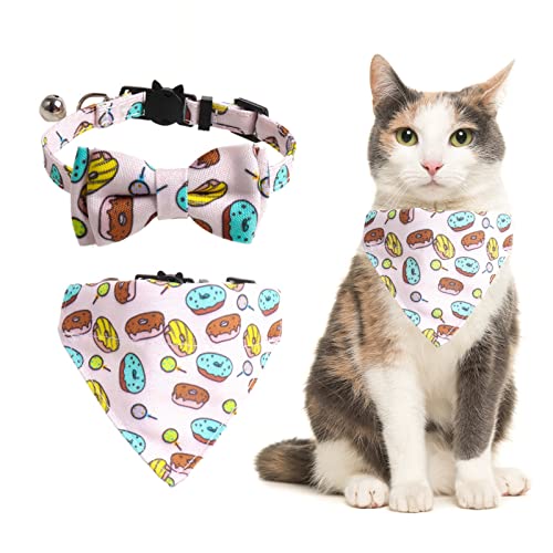 HACRAHO Fliege Katzenhalsband Bandana, 2 Stück Verstellbares Katzenhalsband Bandana Glocken Set Katzenhalsbänder mit Glocken Abnehmbare Fliege Bandana für Kätzchen und Welpen, Donut von HACRAHO