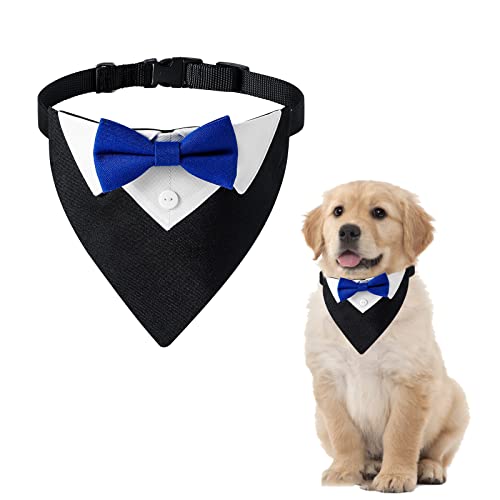 HACRAHO Formal Dog Smoking Bandana, 1 Packung Verstellbares Blau Hund Hochzeit Halsband mit Fliege und Halsband Hund Smoking Bandana mit Halsband für kleine, mittelgroße Hunde, M von HACRAHO