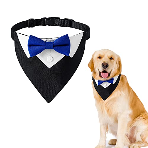 HACRAHO Formal Dog Smoking Bandana, 1 Packung Verstellbares Blau Hund Hochzeit Halsband mit Fliege und Halsband Hund Smoking Bandana mit Halsband für mittelgroße große Hunde, L von HACRAHO